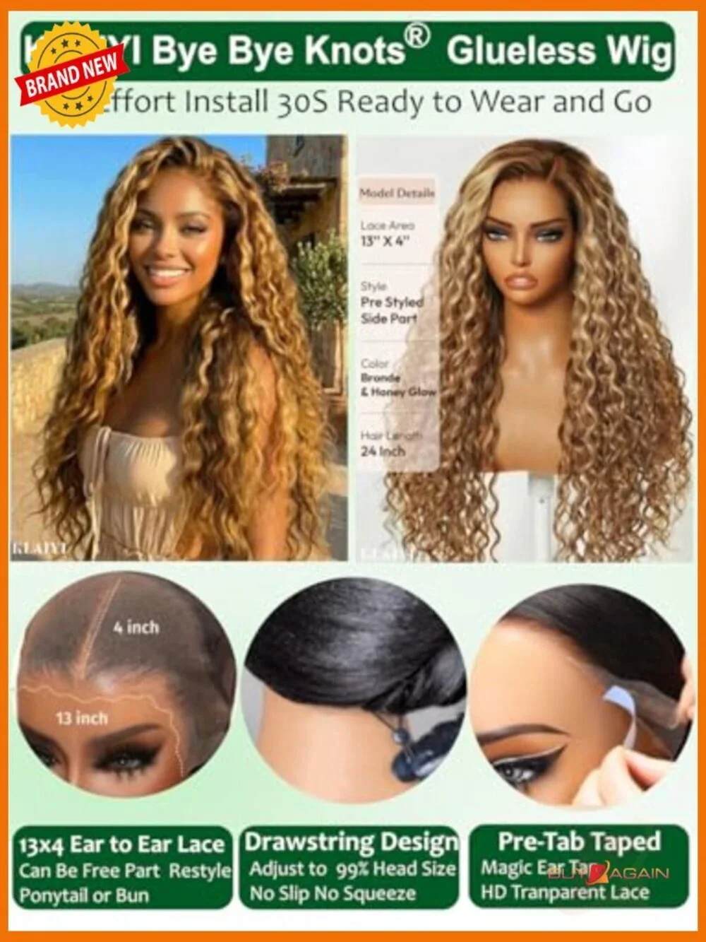 13x4 Lace Front Wig Human Hair Drawstring Water Wave Curly Pre-Plucked Bleached